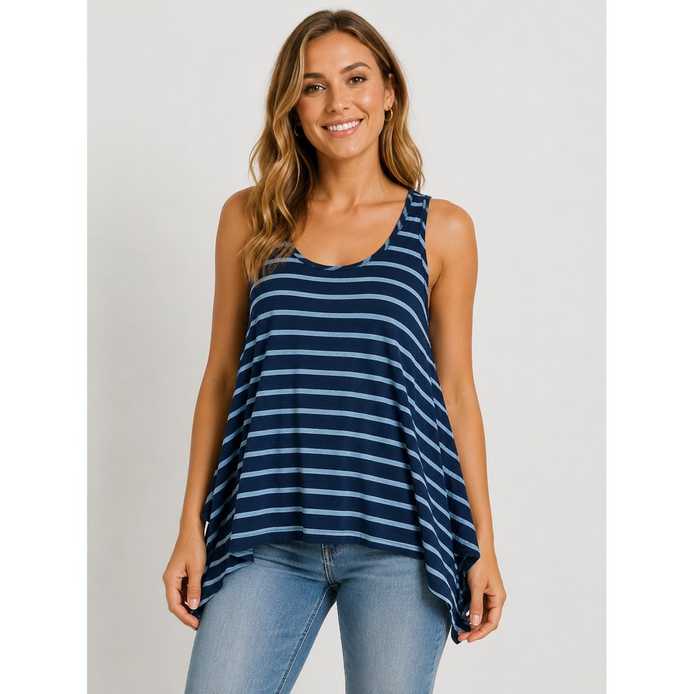 Fresh Produce Women Blue Striped Cotton Tank Top Handkerchief Hem Size L USA
